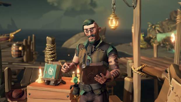 Marley, Sea of Thieves' first trans character, standing on a dock with a Merchant Alliance ledger next to him